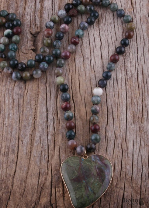 Boho Necklace, RH India Agated Green Heart Natural Stone